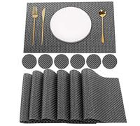 Time to Sparkle Set of 12 PCS Vinyl Woven 6pcs Placemats + 6pcs Coasters Place Mats Non slip Table Mats Waterproof Heat-resistant Dining Table Mats Decor (Dark grey)