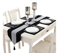 Time to Sparkle Velvet Table Runner + 4 Placemats Thick Velvet Satin Tasseled Xmas (Black, 4*Placemats + 1*Runner)
