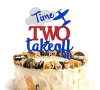 Time Two Take Off Cake Topper - Cheers to 2 Years, Happy 2nd Birthday Cake Decor, Airplane Cloud 2nd Birthday Party Decorations Blue & Red Glitter