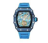 TIME100 Automatic Mechanical Watches for Men Skeleton Square Big Face Self Winding Wrist Watch Adjustable Silicone Strap