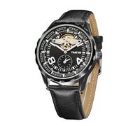 TIME100 Men's Automatic Mechanical Watch Men's Wrist Watches Leather Strap Skeleton Watches for Men Waterproof Luminous Hands Pilot Series Angel Wing Business Flywheel Watch