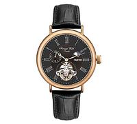 TIME100 Men's Automatic Mechanical Watch Navigator-Series Tourbillon-Style Dual Time Zone Business Calendar Leather Strap(Black)