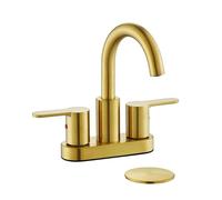 TimeArrow Brushed Gold 2 Handle Centerset Bathroom Sink Faucet with Drain Assembly, High Arc Modern 4 Inch Bathroom Vanity Lavatory Faucet 3 Holes with Brass 360° Swivel Spout, TAF067E-PB