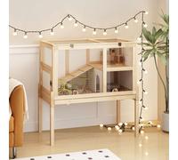 Timechee Guinea Pig House for 2 with Stand, Small Animals Rabbit Cages with a Pull Out Tray, Wooden 2-Story Indoor Large Hamster Habitat Playpen with Ramp, Hideout, Platform