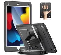Timecity Case for iPad 9th 8th 7th Generation,iPad 10.2 inch Case, Shockproof Sturdy Case with Screen Protector,Kickstand/360 Rotating Hand Strap,Pencil Holder,Heavy Duty iPad 9/8/7 Cover,Black