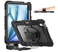 Timecity Case for iPad Air 11 inch M3 7th gen 2025/ M2 6th gen 2024 with Built-in Screen Protector, 360° Rotating Kickstand & Shoulder Strap - Shockproof Pencil Holder Cover for iPad Air 11, Black