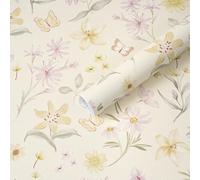 Timeet 44x300cm Peel and Stick Wallpaper Floral Beige Sticky Back Wallpaper Colorful Butterflies Flowers Self Adhesive Wallpaper Waterproof Viny Warp Contact Paper for Bedroom Living Room Kitchen
