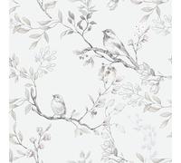 Timeet Peel and Stick Wallpaper Beige Floral 44CM×3M Waterproof Self Adhesive Vinyl Light Grey Flower Bird Contact Paper Removable Vinyl Wrap Thicken Sticky Back Plastic Roll for Kitchen Cabinet Wall
