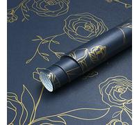 Timeet Self Adhesive Wallpaper Dark Blue Floral Contact Paper 44CM×3M Waterproof Peel and Stick Wallpaper Gold Rose Sticky Back Plastic Removable Vinyl Wrap for Wall Furniture