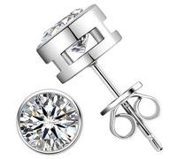TIMEFASHION 1ct 4ct D Color Round Cut Simulated Diamond Moissanite Stud Earrings for Men Sterling Silver Platinum Plated Bezel Stud Earrings for Women Anniversary, 4.0 Carat-(2.0ct*2)-8mm, Sterling