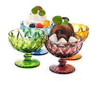 TIMEFOTO Ice Cream Glass Bowls Set of 4 Colored Dessert Bowls 7.5 Oz Vintage Diamond Glass with Footed Sundae Snack Cups for Farmhouse Holiday Party