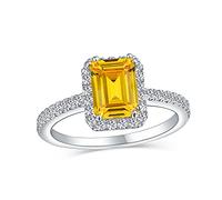 Timeless Classic Elegant Halo AAA CZ Art Deco Style Clear Canary Yellow Rectangle Emerald Cut Engagement Ring For Women Cubic Zirconia Pave Thin 1 MM Band .925 Sterling Silver Rose Gold Plated
