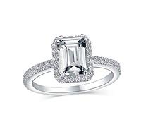 Timeless Classic Elegant Halo AAA CZ Art Deco Style Clear Rectangle Emerald Cut Engagement Ring For Women Cubic Zirconia Pave Thin 1 MM Band .925 Sterling Silver