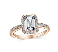 Timeless Classic Elegant Halo AAA CZ Art Deco Style Clear Rectangle Emerald Cut Engagement Ring For Women Cubic Zirconia Pave Thin 1 MM Band .925 Sterling Silver Rose Gold Plated