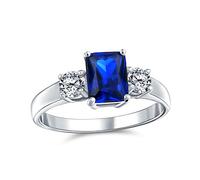 Timeless Classic Style Rectangle Blue Simulated Sapphire Emerald Cut Three Stone Past Present Future Promise Engagement Ring For Women .925 Sterling Silver Plain Band