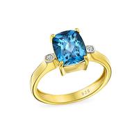 Timeless Classic Style Rectangle Blue Simulated Sapphire Emerald Cut Three Stone Past Present Future Promise Engagement Ring For Women .925 Sterling Silver Plain Band