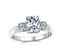 Timeless Classic Style Rectangle Clear Emerald Cut Three Stone Past Present Future Promise Engagement Ring For Women .925 Sterling Silver Plain Band
