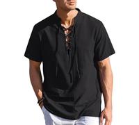 Timeless Men's Casual Pirate Shirt Short Sleeve Linen Top Traditional Lace Up Drawstring Collar Blous Scottish Ghillie Jacobite Medieval Renaissance Themes Halloween Gothic Pirate Vintage Outfit