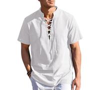 Timeless Men's Casual Pirate Shirt Short Sleeve Linen Top Traditional Lace Up Drawstring Collar Blous Scottish Ghillie Jacobite Medieval Renaissance Themes Halloween Gothic Pirate Vintage Outfit