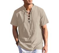 Timeless Men's Casual Pirate Shirt Short Sleeve Linen Top Traditional Lace Up Drawstring Collar Blous Scottish Ghillie Jacobite Medieval Renaissance Themes Halloween Gothic Pirate Vintage Outfit