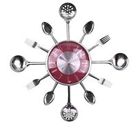 Timelike Kitchen Clock with Glass, Stainless Steel 3D Spoon Fork Cutlery Design Removable Home Decoration Cutlery Design Clock Cutlery Kitchen Wall Clock 45 x 45 x 6.2 cm Red