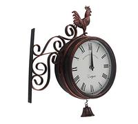 Timelike Outdoor Garden Wall Clock Double Sided Cockerel And Bell With Station Bracket, Outdoor Hanging Vintage Quartz Iron Art Retro Wall Clock For Home Decor (Copper)