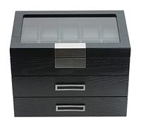 TIMELYBUYS 30 Black Ebony Wood Watch Extra Height Clearance Box Display Case 3 Level Storage Jewelry Organizer with Glass Top, Stainless Steel Accents, and 2 Drawers