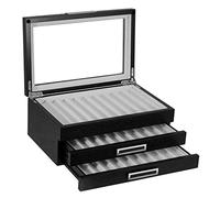 TIMELYBUYS 30 Piece Black Ebony Wood Pen Display Case Storage and Fountain Pen Collector Large Organizer Box with Glass Window Three Level Display Case with Drawers Father's Day Gift