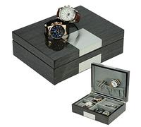 TIMELYBUYS Grey Ginko Lacquered Wood Watch Cufflink Case & Ring Storage Organizer Men's Jewelry Box Father's Day
