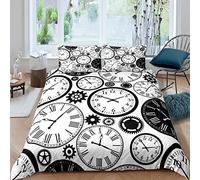 Timepiece Comforter Cover Clock Gears Print Bedding Set For Kids Teens Adult Men Ancient Zigzag Vintage Style Duvet Cover Retro Spiral Bedspread Cover Black And White Double Size