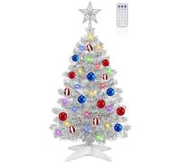 [ Timer & 12 Modes ] 3 Ft Sliver Christmas Tree with DIY 50 Warm White & Multi Color Lights 15 Ball Ornaments 3D Star Remote Control Battery Operated Pencil Full Tree Xmas Christmas Decorations Table