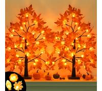 [Timer] 2 Pack 24 Inch Fall Maple Tree Decor with 48 LED Fall Thanksgiving Decorations, Battery Operated Fall Tree Lights with Pumpkin Acorn Maple for Fall Thanksgiving Table Decorations Home Indoor