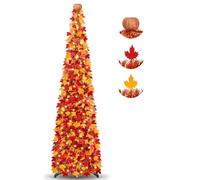 [Timer] 5FT Fall Tree with Lights, 50 LEDs Tinsel Maple Tree with Pumpkin Topper, Pop Up Lighted Fall Tree Decor