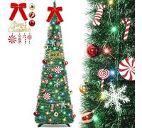 [ Timer ] 6 Ft Pop Up Christmas Tinsel Tree, Green Collapsible Christmas Tree with 50 Colorful Light 16 Candy 10 Ball 4 Snowflake Merry Christmas Bow DIY Ornaments Battery Operated Xmas Decor Indoor