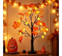 [Timer] Autumn Decorations 23.6 Inch Prelit Autumn Tree Maple Leaf Lights, Battery&USB Operated Jack O Lantern Pumpkin LED Tabletop Tree, Artificial Orange Maple Leaf Autumn Decor