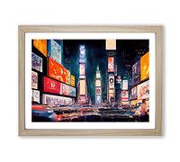 Times Square New York Watercolour Vol.4 Framed Print | A3 Oak Framed Wall Art | Ready to Hang | Modern Historical Picture | Living Room Bedroom Lounge Office