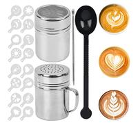 TIMESETL 2 Sizes Coffee Sprinkles Powder with 16 Coffee Stencils, Stainless Steel Mesh Icing Sugar Shaker for DIY Cappuccino, Latte