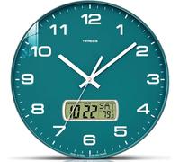 TIMESS Wall Clock, 13" Dial Non-Ticking Silent Battery Operated Analog with LCD Display for Perpetual Calendar and F° Temperature, Ideal Modern Home, Office Decor (Green)