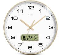 TIMESS Wall Clock, 13" Dial Non-Ticking Silent Battery Operated Analog with LCD Display for Perpetual Calendar and F° Temperature, Ideal Modern Home, Bedroom, Kitchen, Office Decor (Gold)