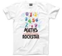 Timestable Rockstar Tshirt - Maths Number Day School Top Adults, Teens and Kids T-Shirt Tee with Blue Symbols Numbers Mathematics Unisex T Shirt - 7-8 Years White