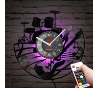 Timethink 12'' Guitar And Drum Kit LED Vinyl Record Wall Clock with 7 Colors Changing Non-ticking, Modern Rock N Roll Instrument Hanging Night Light Wall Clock Watch Drummer Guitarist Music Lover Gift