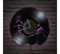 Timethink 12 Inch Bushido LED Wall Clock with 7 Luminous Modes, Silent Quartz Non Ticking Vintage Japan Martial Art Samurai Fighter Analog Black Vinyl Record Wall Clock for Bedroom Living Room Decor