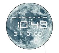 Timethink - 12 inch full moon digital wall clock with LED display, electric LED lunar moon light calendar and temperature, auto dimming, 12/24 hour format, use of