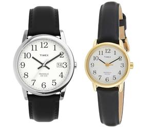 Timex Easy Reader Men's 35mm Black Leather Strap Date Window Quartz Watch T2H281 & Easy Reader Women's 25mm Leather Strap Watch T20433