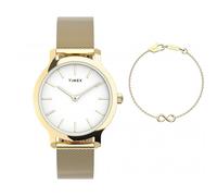 Timex Ladies Transcend White Dial Gold Tone Stainless Steel Mesh Strap Watch & Infinity Bracelet