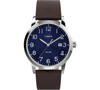Timex Main Street Men's Watch 38mm Brown Strap Blue Dial Silver Case