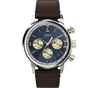 Timex Men's Marlin Chronograph Tachymeter 40 mm Watch - Brown Vegan Leather Strap with Blue Dial and Stainless Steel Case TW2W60400