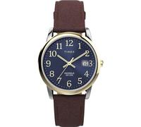 Timex Men's Easy Reader 35mm Watch, Brown Leather Strap Blue Dial Silver-Tone Case