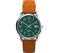 Timex Men's Easy Reader 35mm Watch, Brown Leather Strap Green Dial Silver-Tone Case