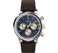 Timex Men's Marlin Chronograph Tachymeter 40 mm Watch - Brown Vegan Leather Strap with Blue Dial and Stainless Steel Case TW2W60400